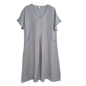 Grae Cove Womens Linen Shift Dress Sz L Short Sleeve Pockets Lagenlook Coastal